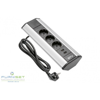 Кутова розетка GTV на 3-schuko 2-USB зарядки дріт 1,5м алюміній