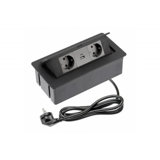 Удлинитель GTV врезной Soft NEW на 2 розетки USB A+C зарядки провод 1,5м черный