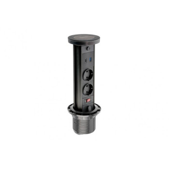 Подовжувач GTV висувний CAMINO 100mm, 2xSCHUKO, USB A+C індукційна зарядка 10W кабель 1,5 м, чорний