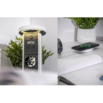 Подовжувач GTV висувний CAMINO 100mm, 2xSCHUKO, USB A+C індукційна зарядка 10W кабель 1,5 м, білий 