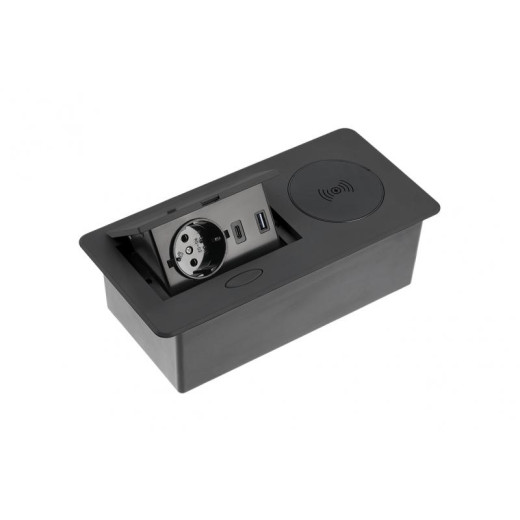 Удлинитель GTV врезной AVARO PLUS 1xSCHUKO, USB A+C индукционная зарядка 5W кабель 1,5 м, черный