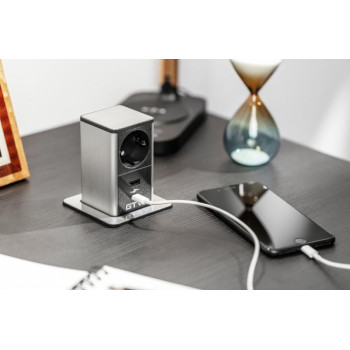 Подовжувач GTV висувний TOWER, 1xSCHUKO, 1xUSB, 1xTYPE-C, кабель з вилкою 1,5м, інокс/чорний