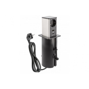 Подовжувач GTV висувний TOWER, 1xSCHUKO, 1xUSB, 1xTYPE-C, кабель з вилкою 1,5м, інокс/чорний