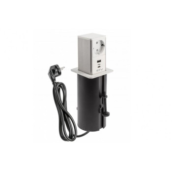 Подовжувач GTV висувний TOWER, 1xSCHUKO, 1xUSB, 1xTYPE-C, кабель з вилкою 1,5м, інокс/білий
