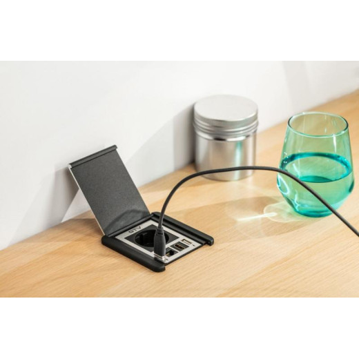 Удлинитель GTV врезной FLIP, 1xSCHUKO, 2xUSB, 1xLAN, кабель с вилкой 1,5м, чёрный