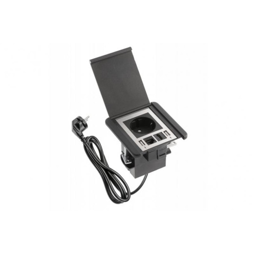 Удлинитель GTV врезной FLIP, 1xSCHUKO, 2xUSB, 1xLAN, кабель с вилкой 1,5м, чёрный
