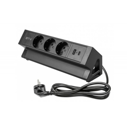 Удлинитель GTV настольный Basco с креплением, 3-Schuko, USB A+C, кабель 1,5m, черный