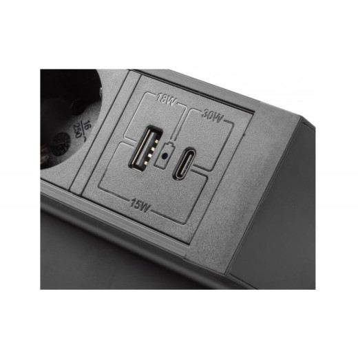 Удлинитель GTV настольный Basco с креплением, 3-Schuko, USB A+C, кабель 1,5m, черный
