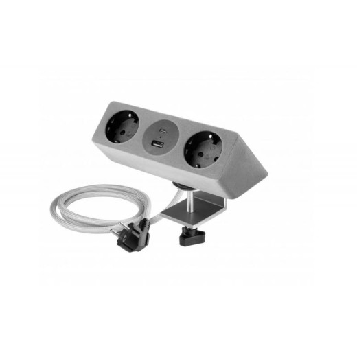 Подовжувач GTV настільний Sofito, 2-schuko, USB A+C, кабель 1,5m, бархат сірий