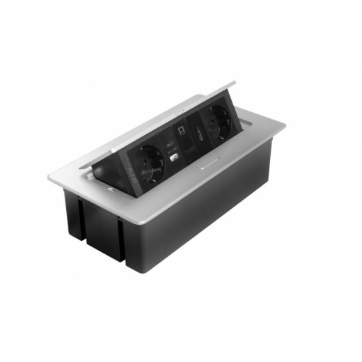 Подовжувач GTV врізний MultiSoft 2xSCHUKO, 2х USB 2,1A (A+C)+RJ45,+HDMI кабель 1,5 м, алюміній