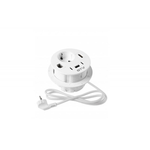 Подовжувач GTV врізний круглий Rondo, 1-schuko, 1-USB A+2-USB C, RJ45, 1-HDMI, кабель 1,5m, білий