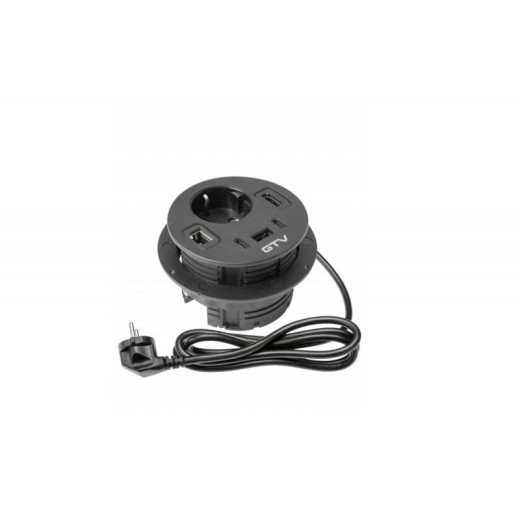 Подовжувач GTV врізний круглий Rondo, 1-schuko, 1-USB A+2-USB C, RJ45, 1-HDMI, кабель 1,5m, чорний