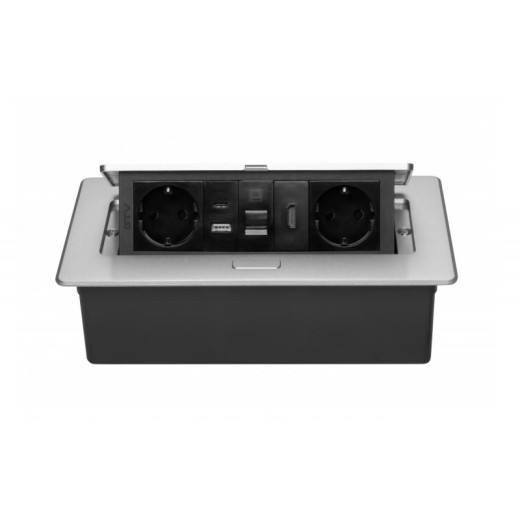 Подовжувач GTV врізний MultiSoft 2xSCHUKO, 2х USB 2,1A (A+C)+RJ45,+HDMI кабель 1,5 м, алюміній