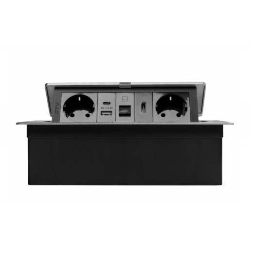 Подовжувач GTV врізний MultiSoft 2xSCHUKO, 2х USB 2,1A (A+C)+RJ45,+HDMI кабель 1,5 м, алюміній