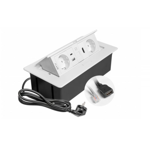 Подовжувач GTV врізний MultiSoft 2xSCHUKO, 2х USB 2,1A (A+C)+RJ45,+HDMI кабель 1,5 м, білий
