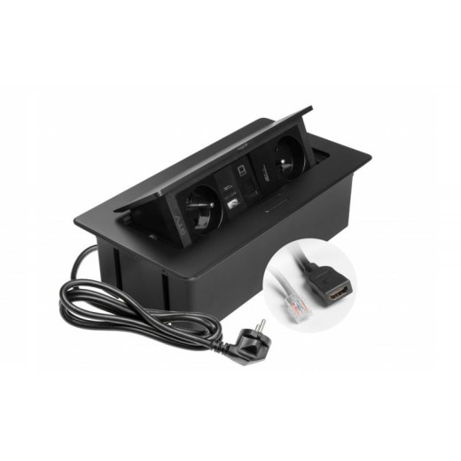 Подовжувач GTV врізний MultiSoft 2xSCHUKO, 2х USB 2,1A (A+C)+RJ45,+HDMI кабель 1,5 м, чорний