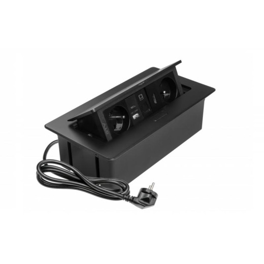 Подовжувач GTV врізний MultiSoft 2xSCHUKO, 2х USB 2,1A (A+C)+RJ45,+HDMI кабель 1,5 м, чорний