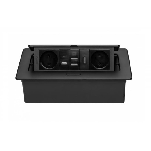 Подовжувач GTV врізний MultiSoft 2xSCHUKO, 2х USB 2,1A (A+C)+RJ45,+HDMI кабель 1,5 м, чорний