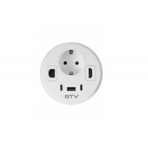 Подовжувач GTV врізний круглий Rondo, 1-schuko, 1-USB A+2-USB C, RJ45, 1-HDMI, кабель 1,5m, білий