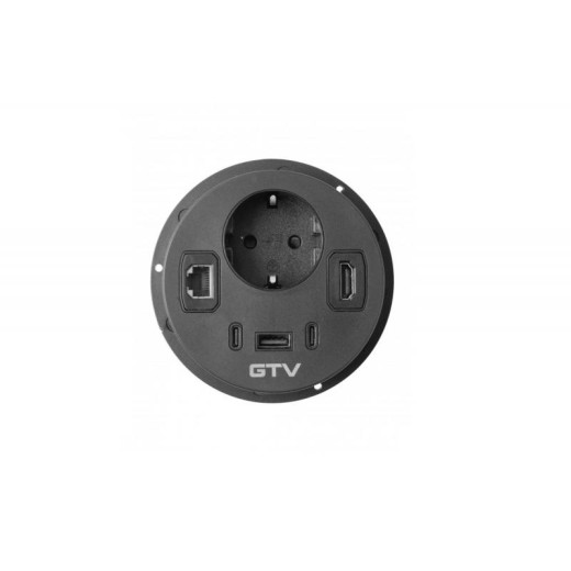 Подовжувач GTV врізний круглий Rondo, 1-schuko, 1-USB A+2-USB C, RJ45, 1-HDMI, кабель 1,5m, чорний