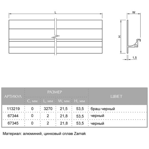 Ручка меблева Cosma M 766 L=3270mm браш чорний, 19 мм (м.п.)