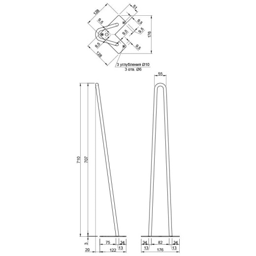 Ножка мебельная HAIRPIN Leg 3ROD Big h71см, черная структурная