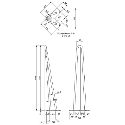 Ножка мебельная HAIRPIN Leg 3ROD Big h55см красная