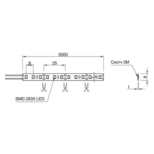 LED-2835 SMD лента, 120 LEDs/M, 9.6W, 12V, IP20, холодный белый свет