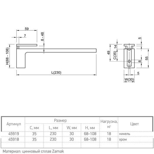 Полкодержатель Ferro Fiori M 7010.230, нагрузка 18 кг никель
