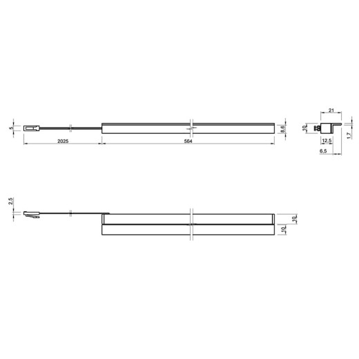 LED-cветильник для подсветки полок Prismatic mini, 10х20, L=564мм, алюм. уголок, молочный, дневной свет
