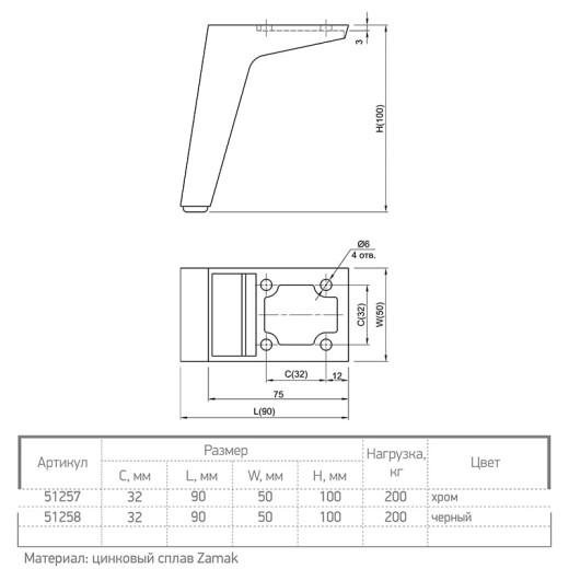 Ножка мебельная Ferro Fiori M 12020 h=100, с площадкой 50х75, нагрузка 200 кг черный