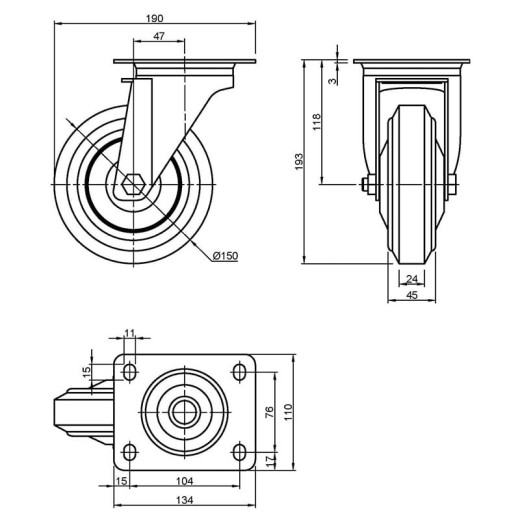 Колесо гумове на майданчику H 150/604, Ø 150 мм, max 160кг, чорне