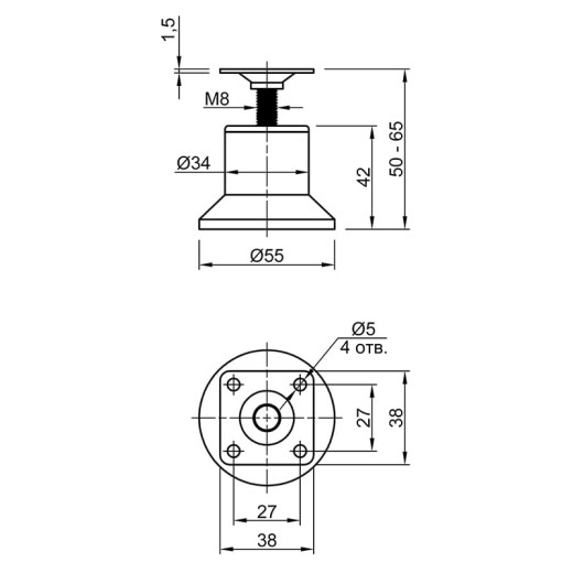 Ножка мебельная регулируемая HTS 541-G, Ø 55, h=50-65мм, max 50кг, серый