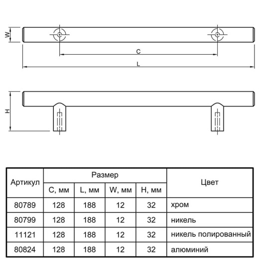 Ручка релинговая RE 1008/128 (DR 10/128 G6) монолит Ø 12 алюминий