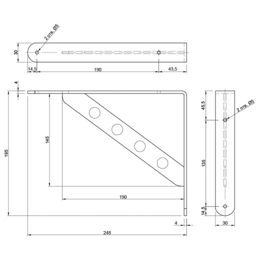 Консоль метал 195x248 коса, max 20кг, нікель глянець